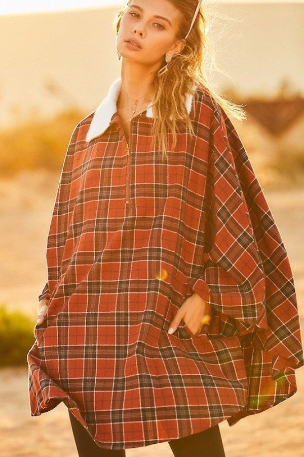 Mock Neck With Zipper Contrast Inside Front Pocket Plaid Poncho