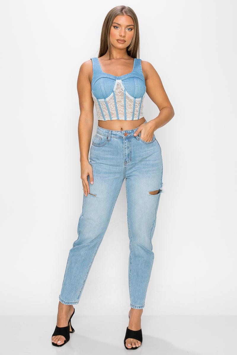 Floral Lace And Denim Crop Top