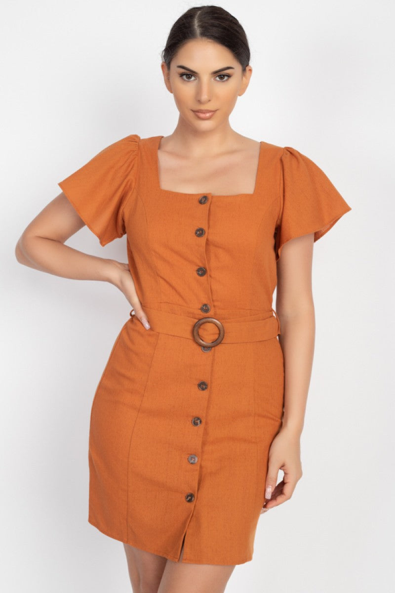 Button-front Butterfly Sleeve Dress