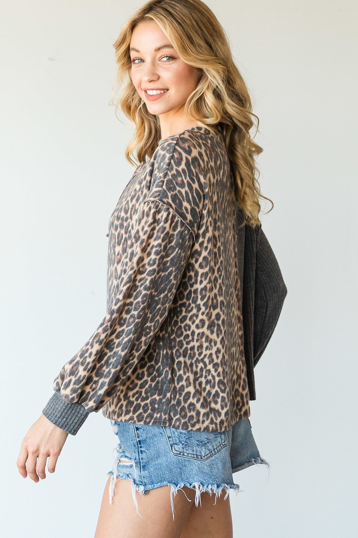 Unique Leopard Color Block Long Sleeve Top