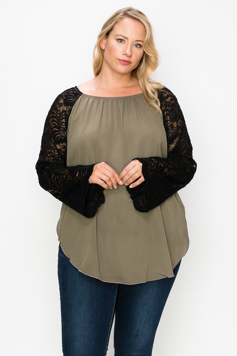 Solid Top Featuring Flattering Lace Bell Sleeves