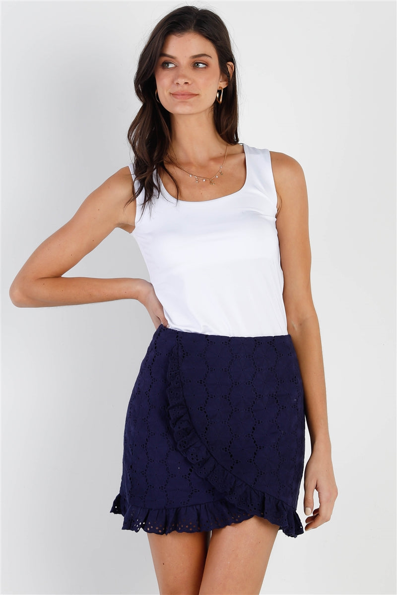 Navy Cotton Lace Wrap Mini Skirt