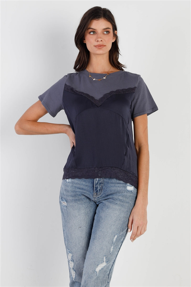 Blue Satin Effect Lace Trim Detail Short Sleeve Top