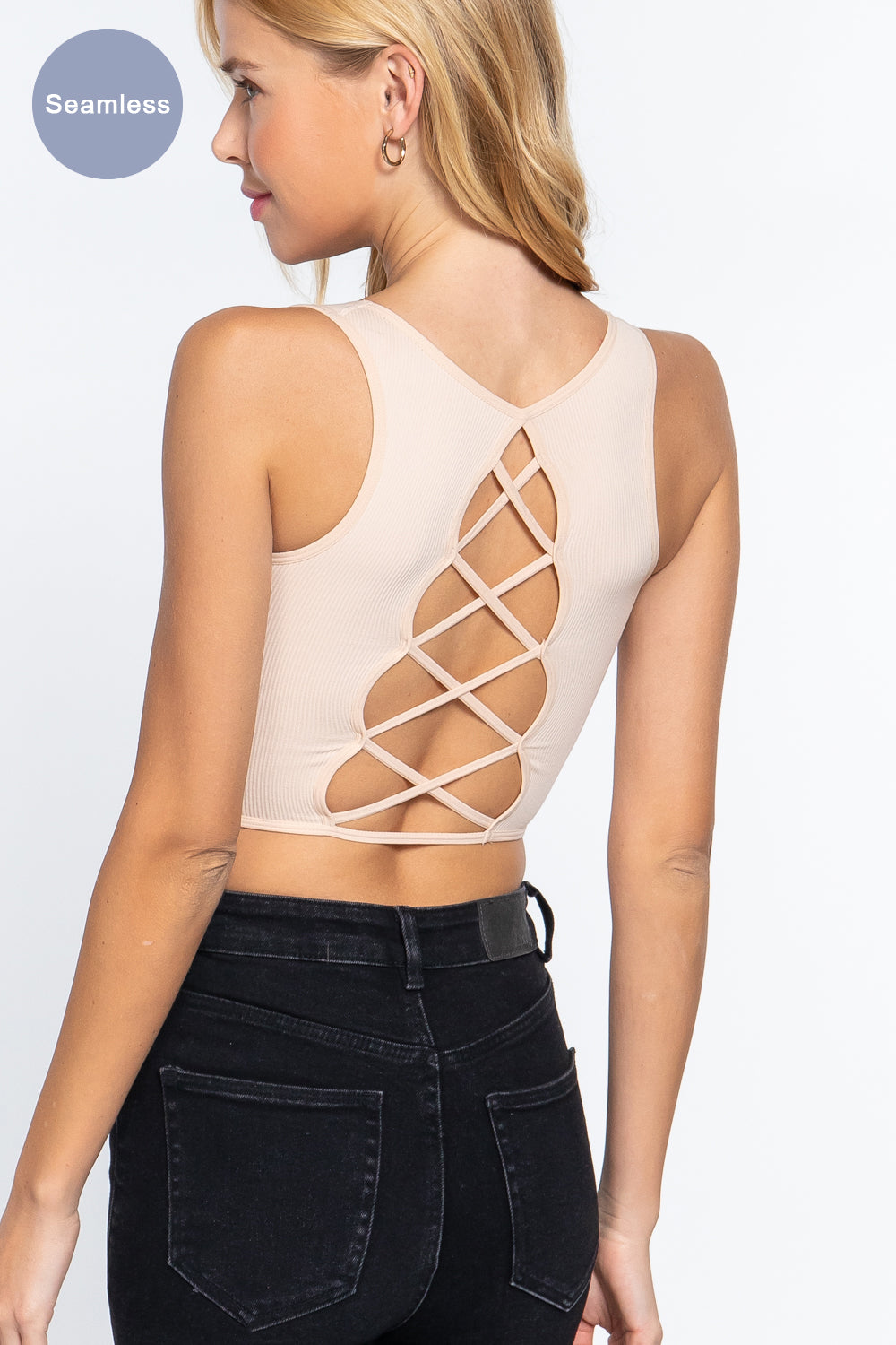 Sleeveless Scoop Neck Back Lace-up Detail Seamless Rib Knit Top