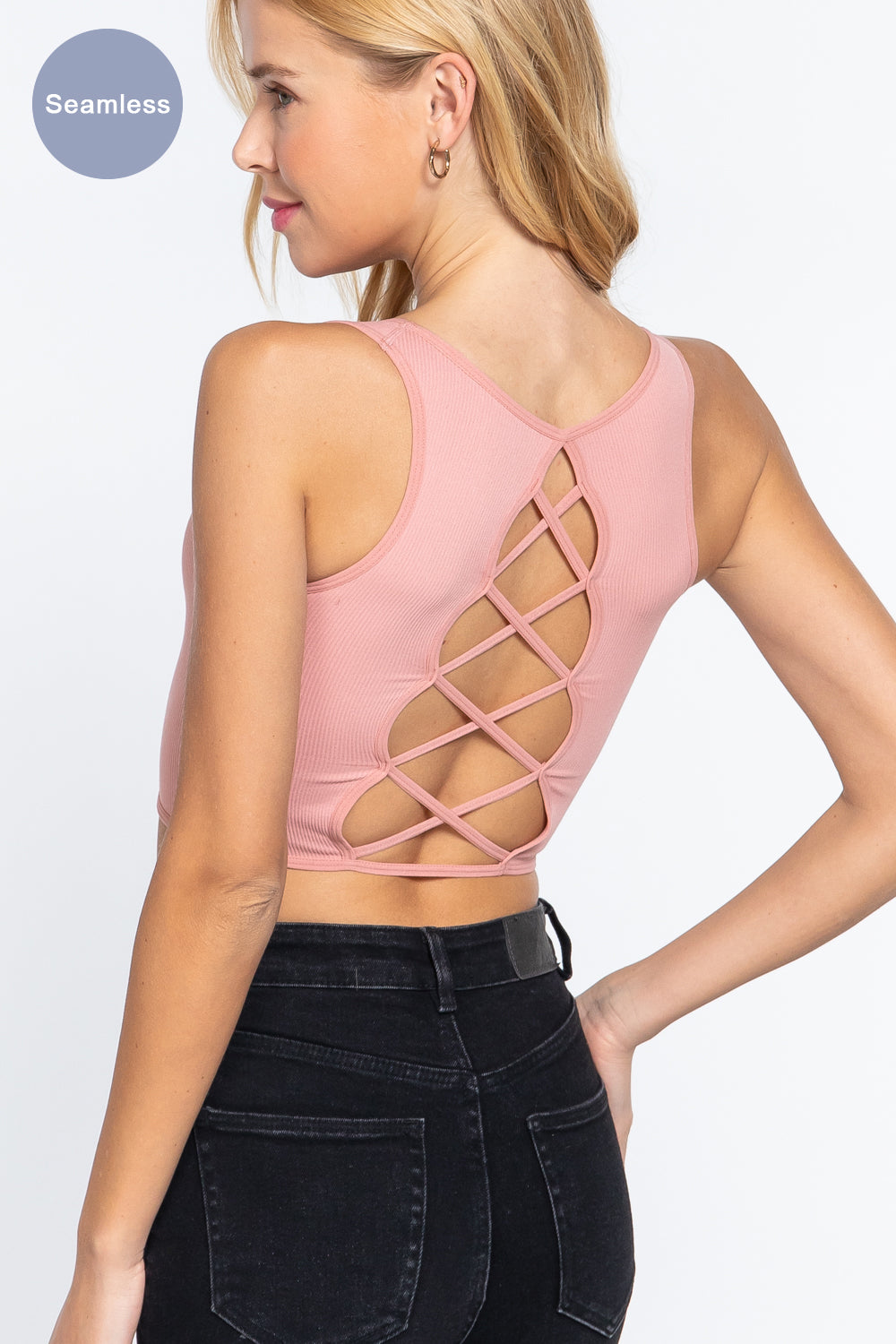 Sleeveless Scoop Neck Back Lace-up Detail Seamless Rib Knit Top