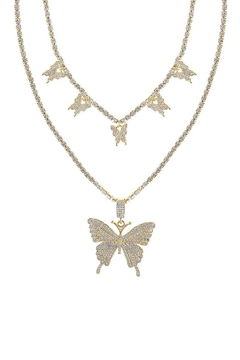 Rhinestone Butterfly Double Necklace Set